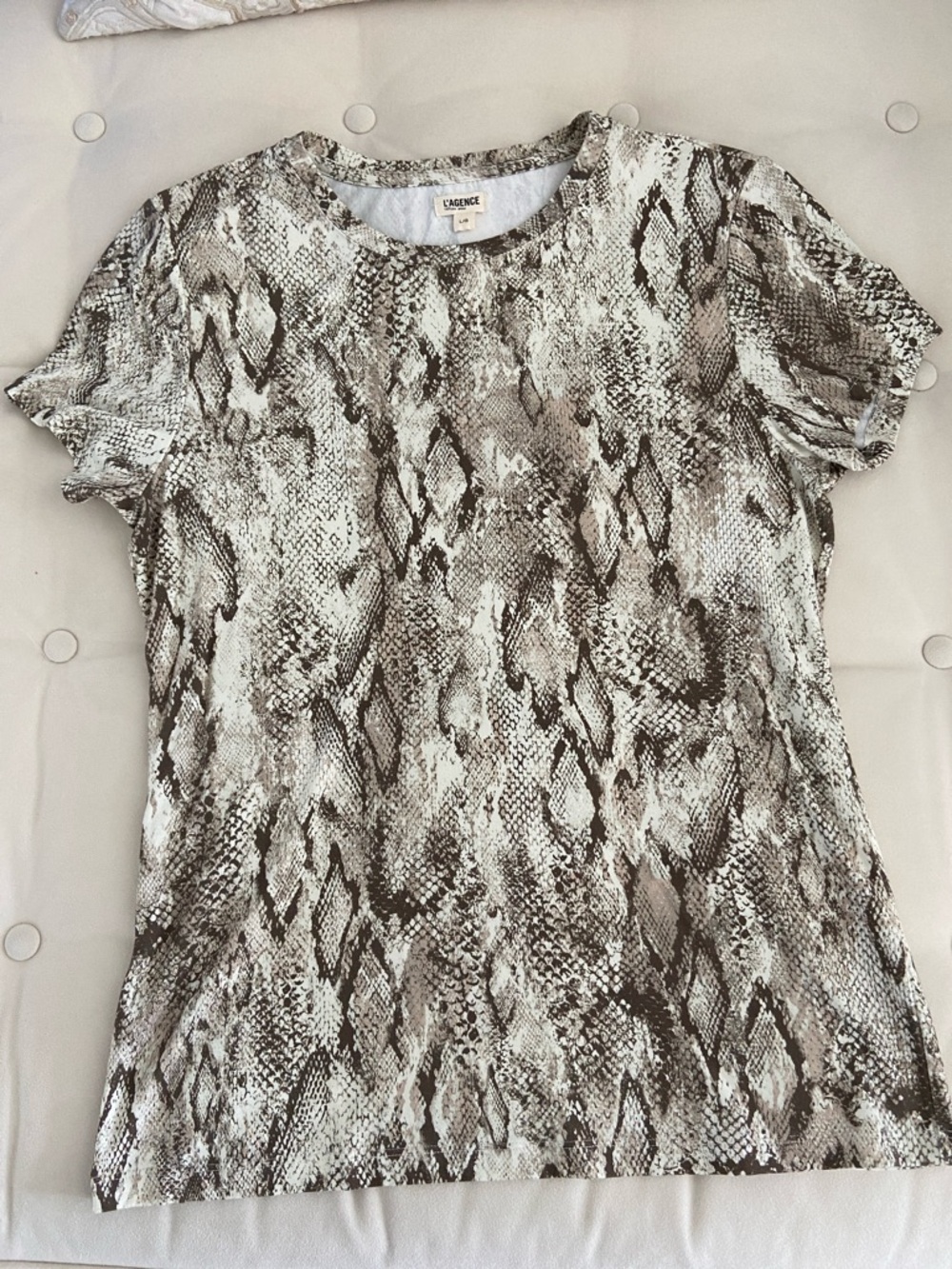 L'AGENCE Snake-Print Short Sleeve Tee in Neutral Brown and Cream